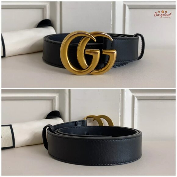 Authentic Gucci Black Calfskin Leather Gold Double G Buckle Slim Belt 80/32 main image 7